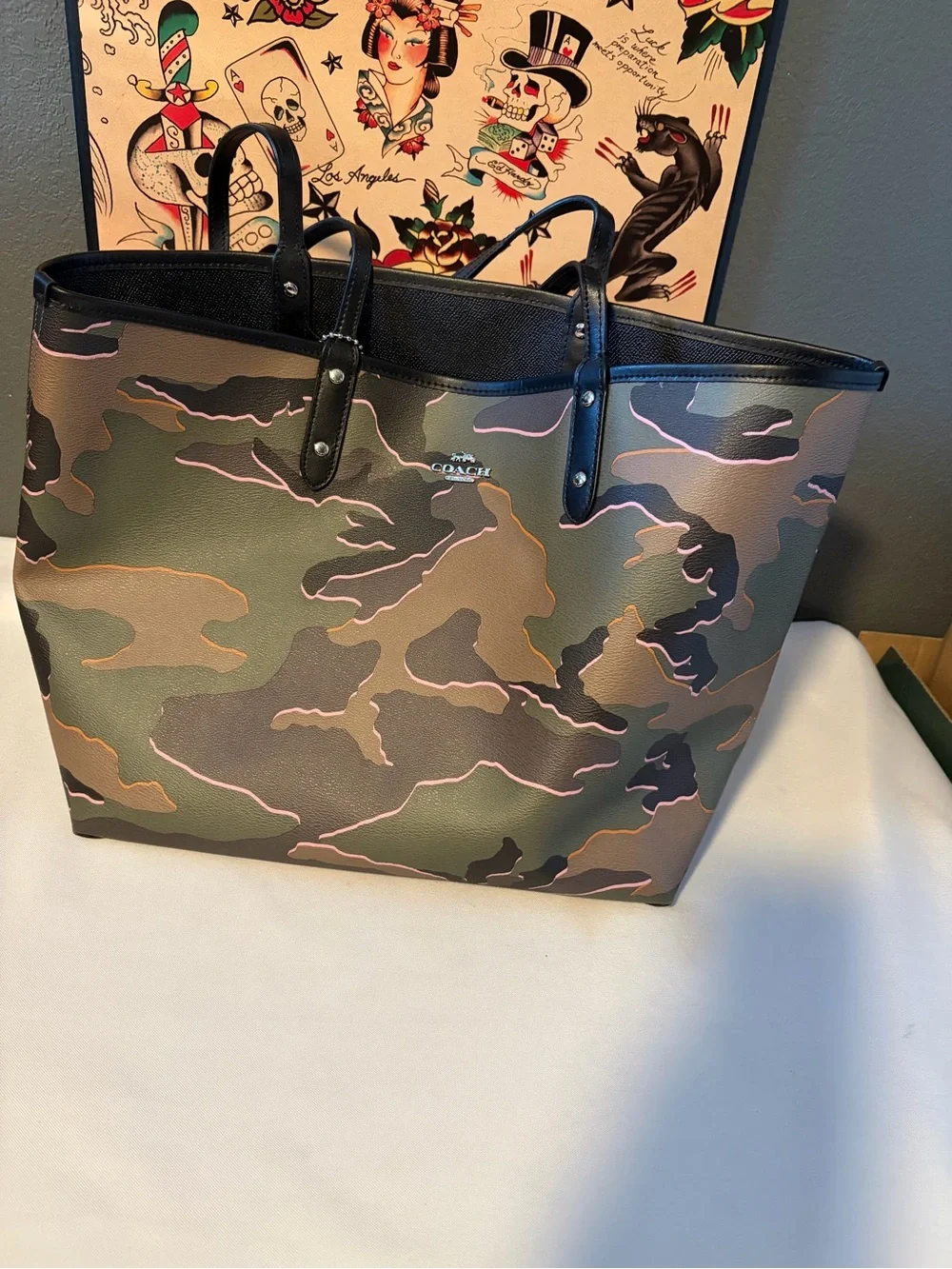 Coach Camouflage Print Leather Tote in Green, Pink & Black